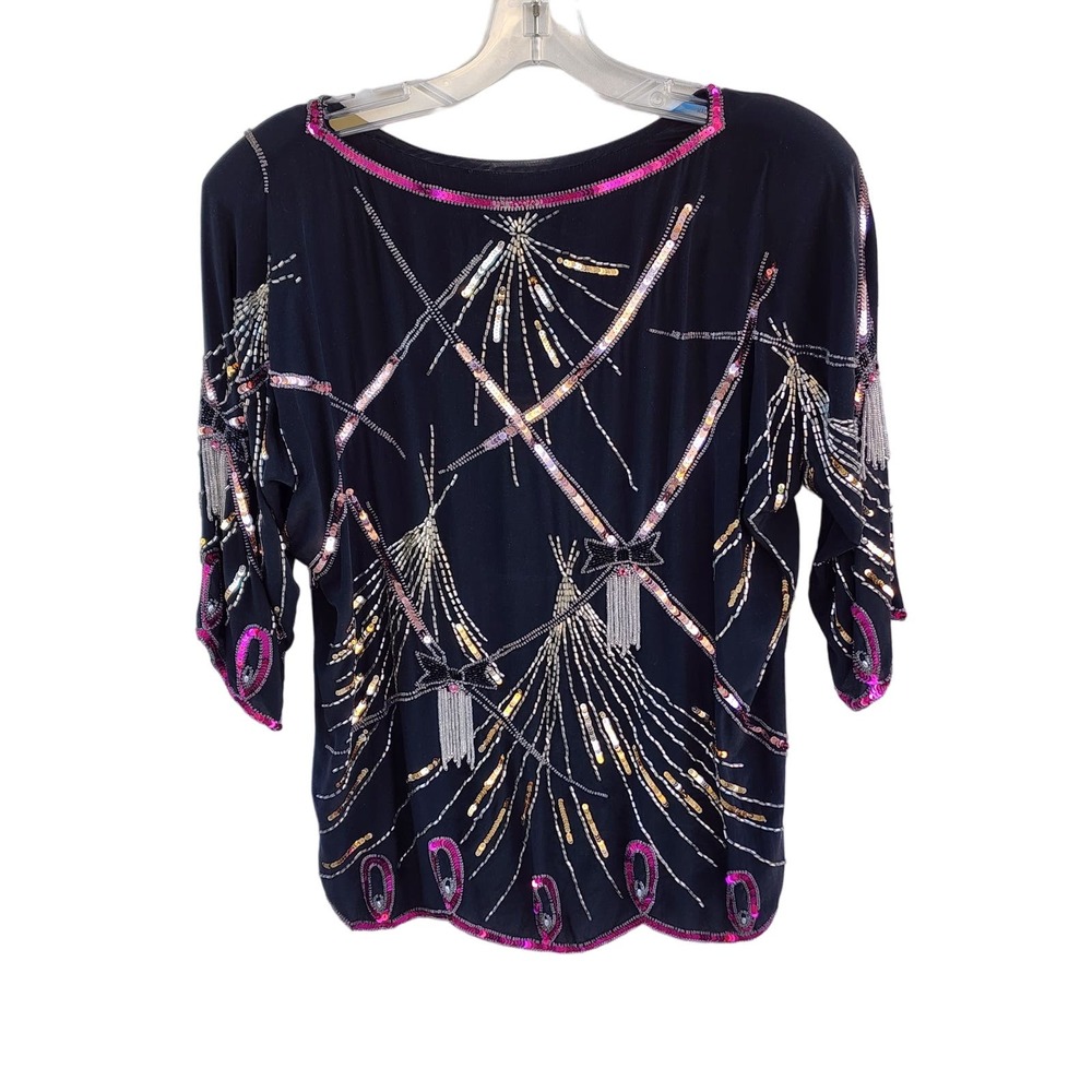 VTG 70s Argenti 100% Pure Silk Black Pink Sequin Beaded Bows Blouse S Hong Kong